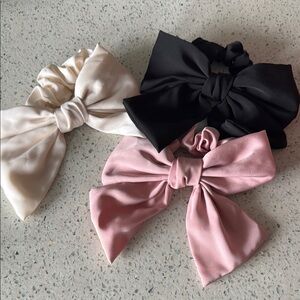 Elegant Bow Hair Scrunchies Set - Black, Pink, and Cream